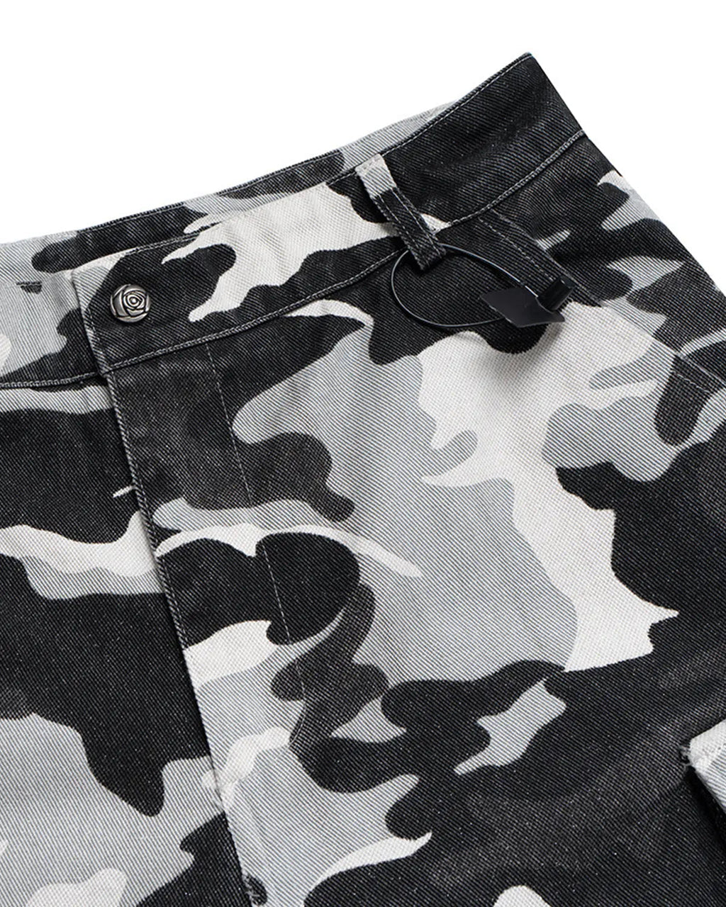 Inflation Glitter Camo Cargo Longline Shorts, stylish camo-patterned pants with glitter accents, streetwear fashion by INFLATION.