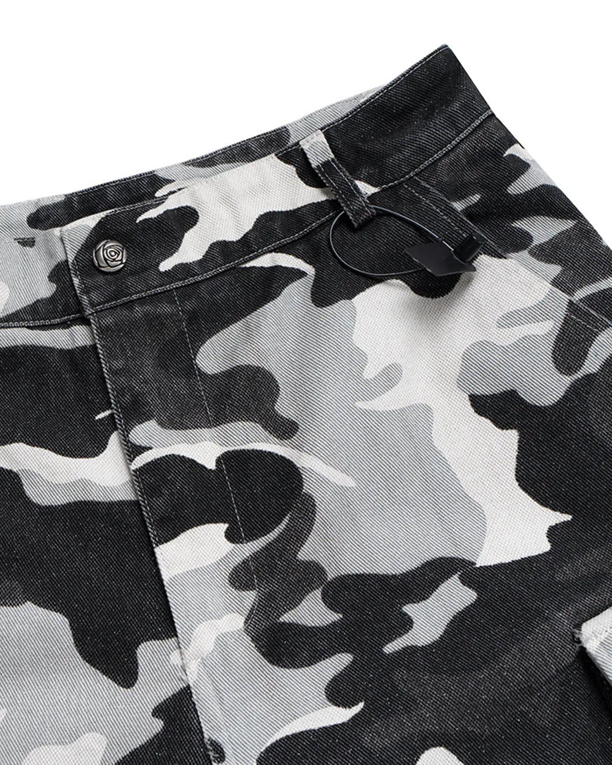Inflation Glitter Camo Cargo Longline Shorts, stylish camo-patterned pants with glitter accents, streetwear fashion by INFLATION.