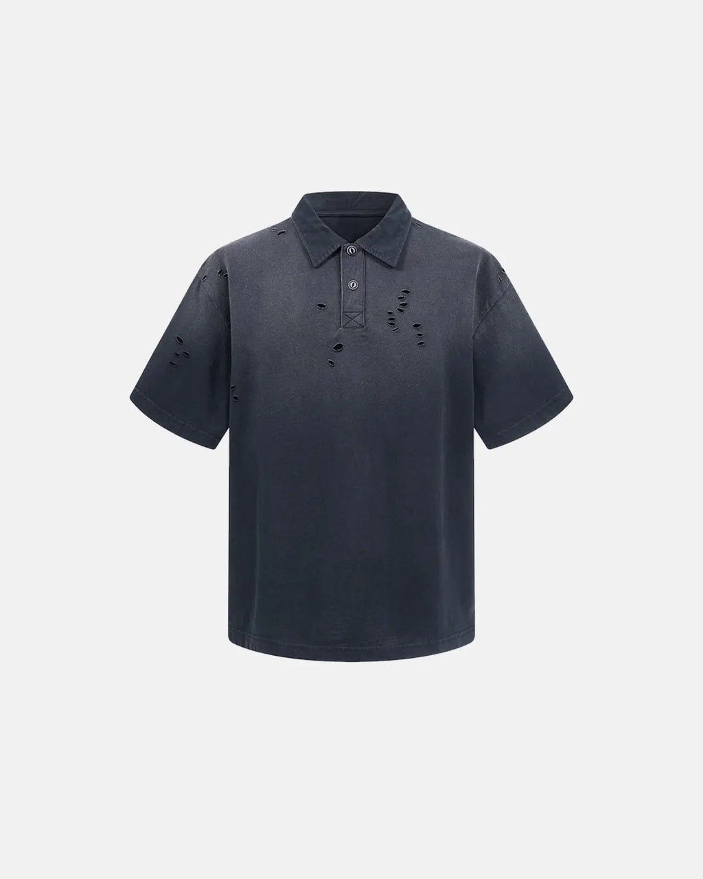 Inflation brand distressed ripped washed polo shirt with frayed edges and faded fabric, casual streetwear style.
