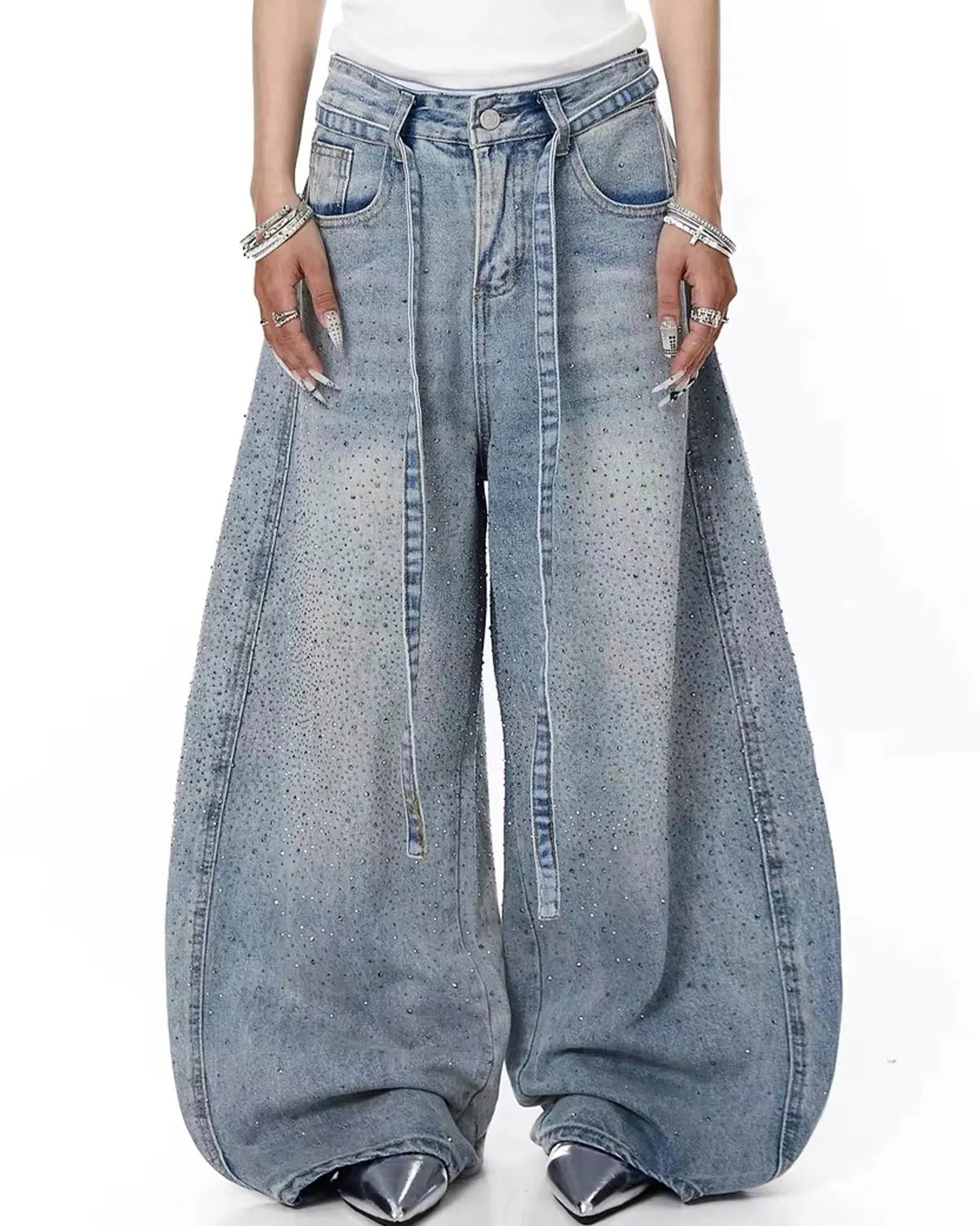 Rhinestone baggy barrel jeans by INFLATION featuring a fashionable streetwear style with rhinestone embellishments on denim.