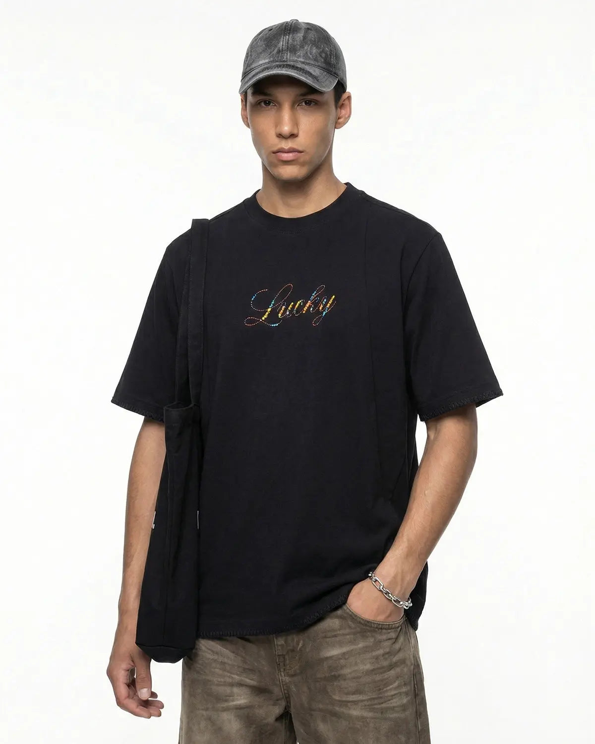 Inflation Streetwear Rhinestone Lucky graphic oversized T-shirt featuring bold rhinestone details and a casual fit.