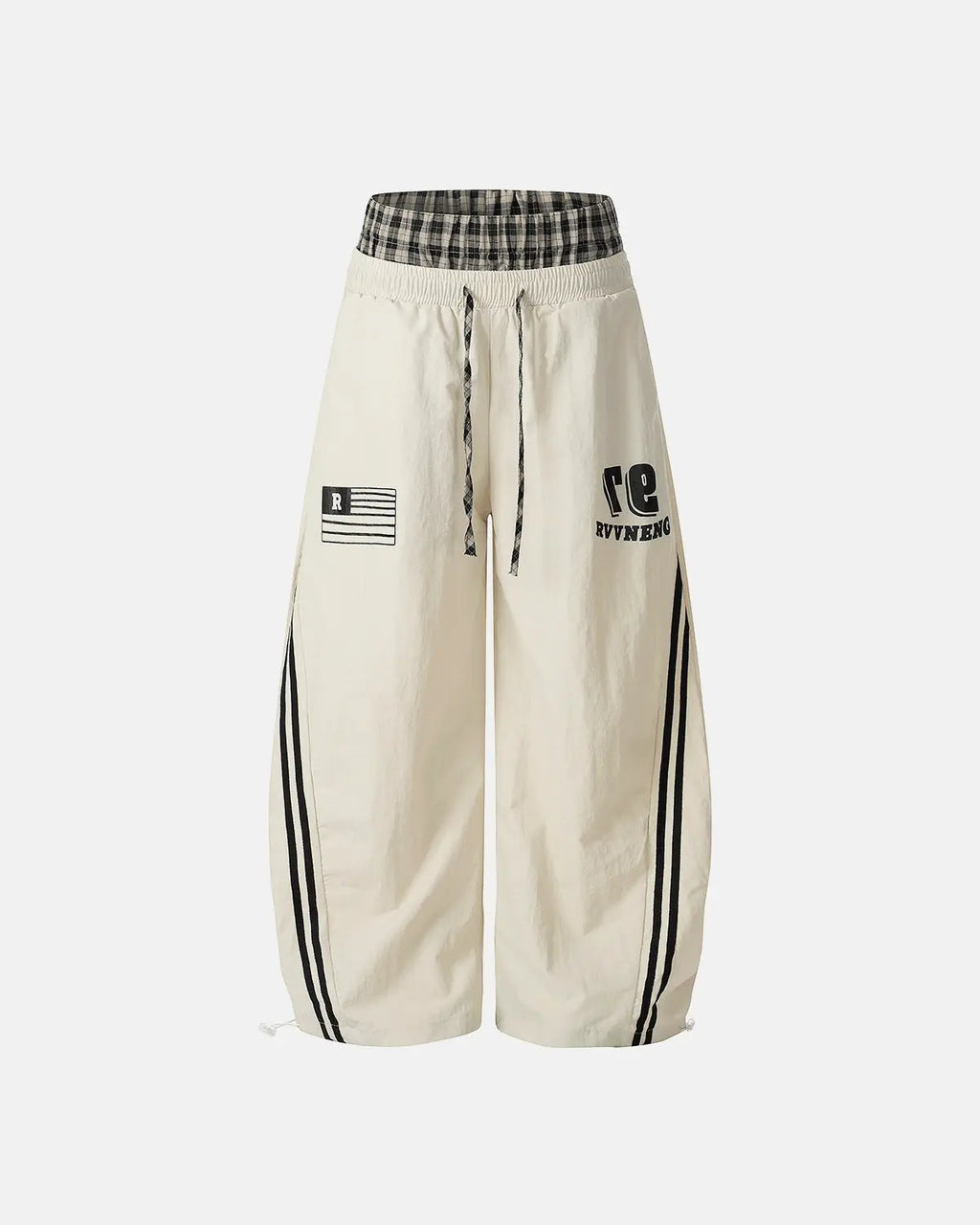Inflation Streetwear plaid double waist baggy track pants with relaxed fit and bold pattern, designed for casual street style.