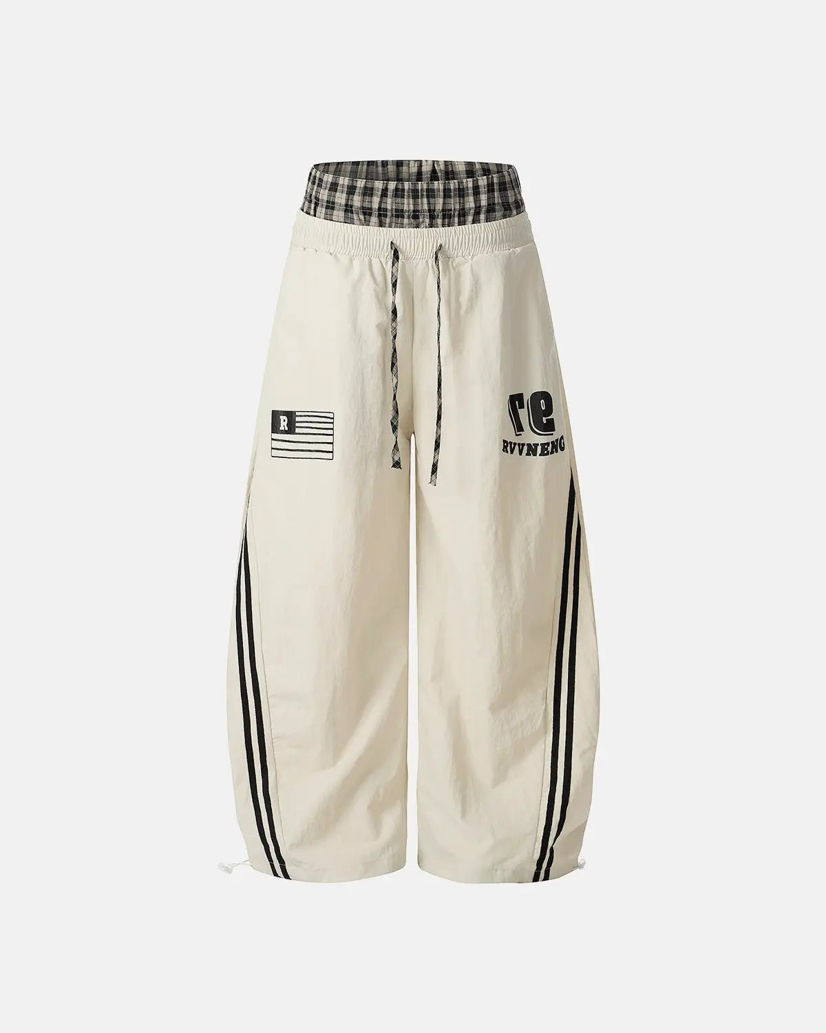 Inflation Streetwear plaid double waist baggy track pants with relaxed fit and bold pattern, designed for casual street style.