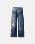 Digital print distressed baggy jeans by INFLATION, featuring a relaxed fit with worn and torn details, perfect for streetwear style.