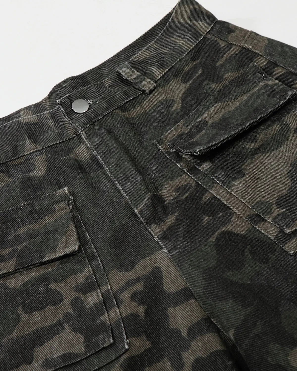 Inflation Streetwear multi pockets camo cargo pants with multiple side and back pockets in green camouflage fabric.