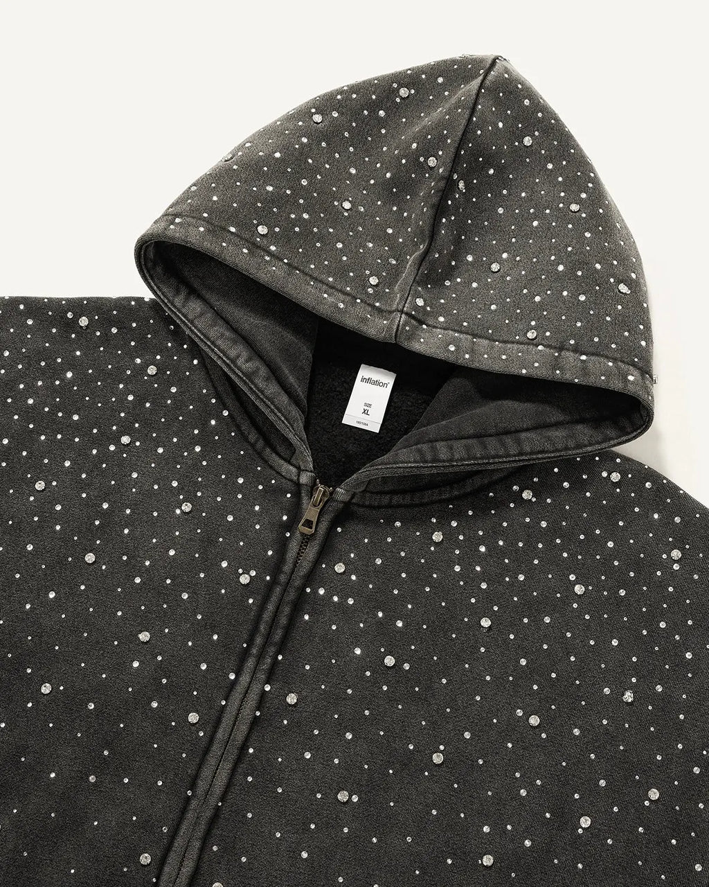 Inflation Streetwear distressed washed fleece hoodie with rhinestone zip-up front, casual streetwear fashion in the image.