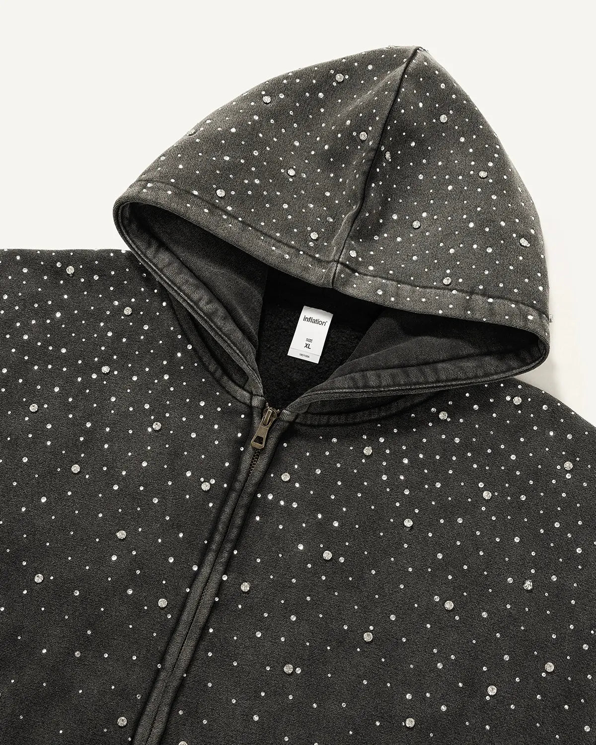 Inflation Streetwear distressed washed fleece hoodie with rhinestone zip-up front, casual streetwear fashion in the image.
