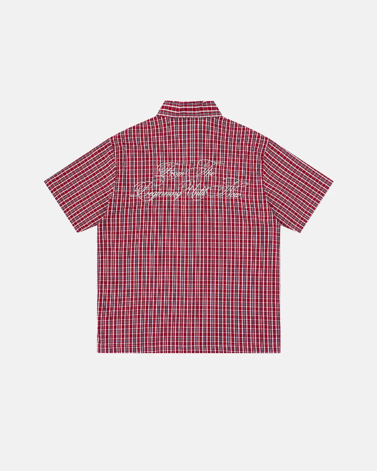 Inflation Streetwear plaid script embroidered short-sleeve shirt with a casual fit and embroidered logo, displayed on a hanger.