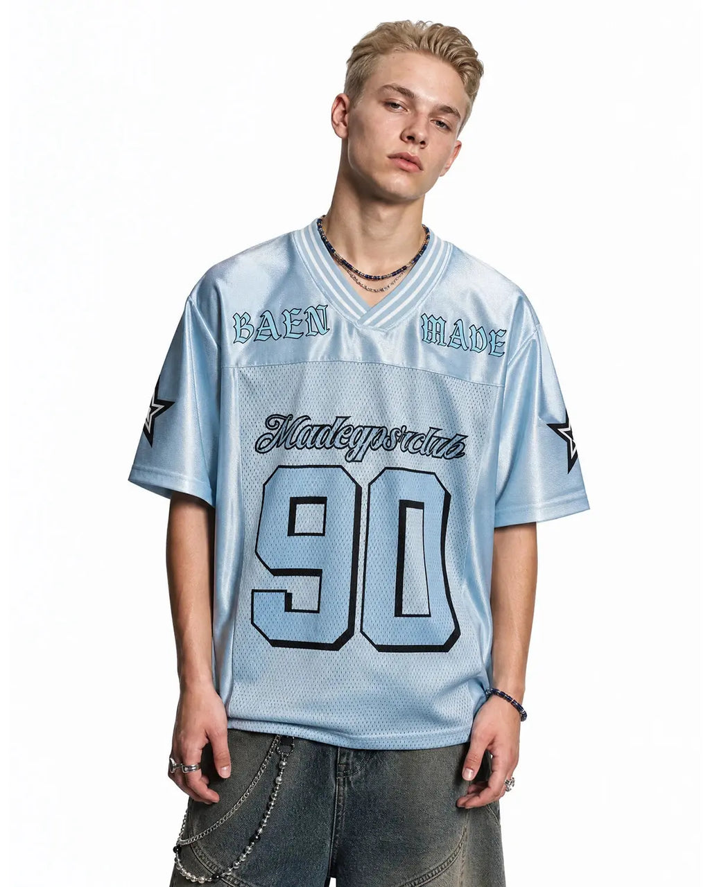 Inflation Streetwear mesh patchwork oversized jersey in black with contrasting fabric panels and relaxed fit.