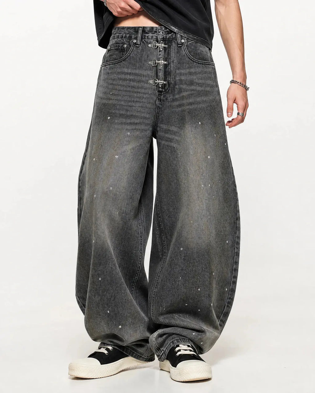Inflation Streetwear metal clasp washed barrel jeans, men's casual pants with metal details and distressed denim finish.