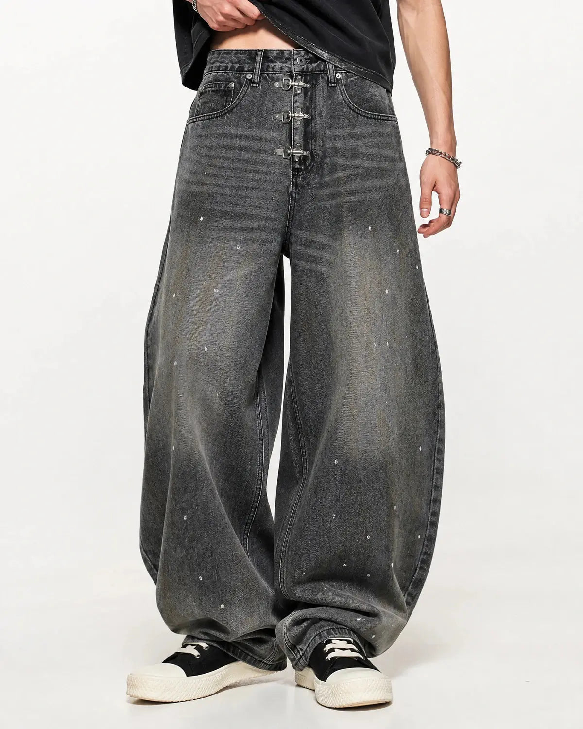Inflation Streetwear metal clasp washed barrel jeans, men's casual pants with metal details and distressed denim finish.