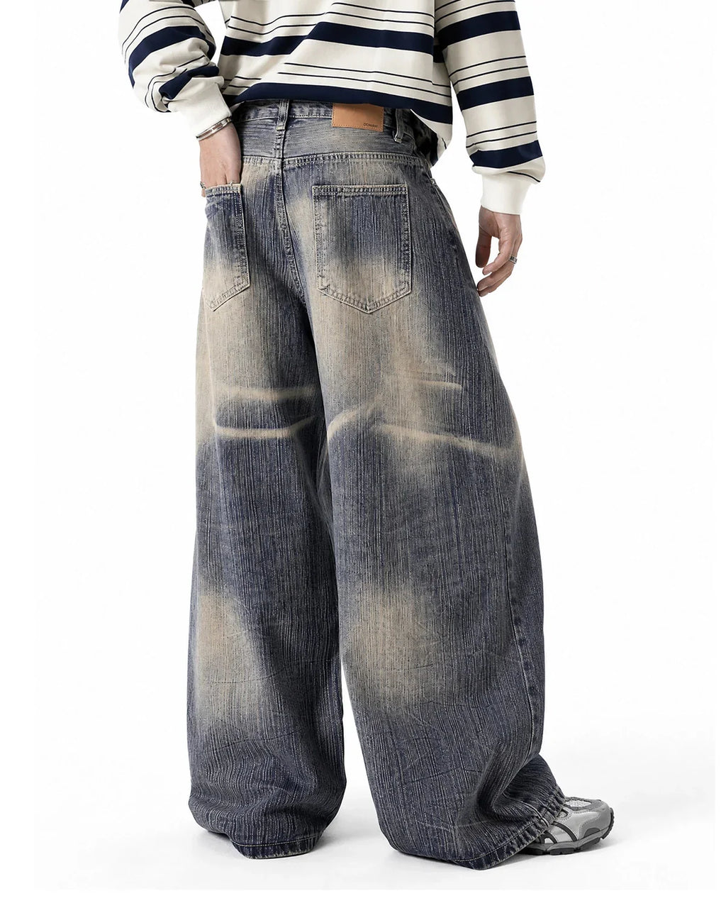 INFLATION Bamboo Weave Dirty Wash Barrel Jeans, men's streetwear denim with a relaxed fit and unique bamboo-inspired textured design.