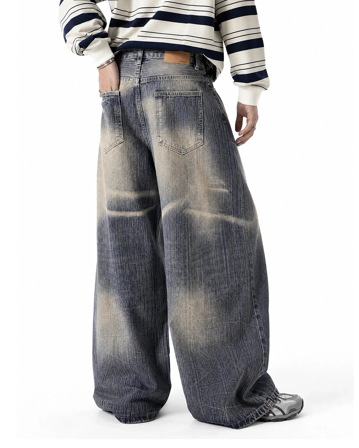 INFLATION Bamboo Weave Dirty Wash Barrel Jeans, men's streetwear denim with a relaxed fit and unique bamboo-inspired textured design.