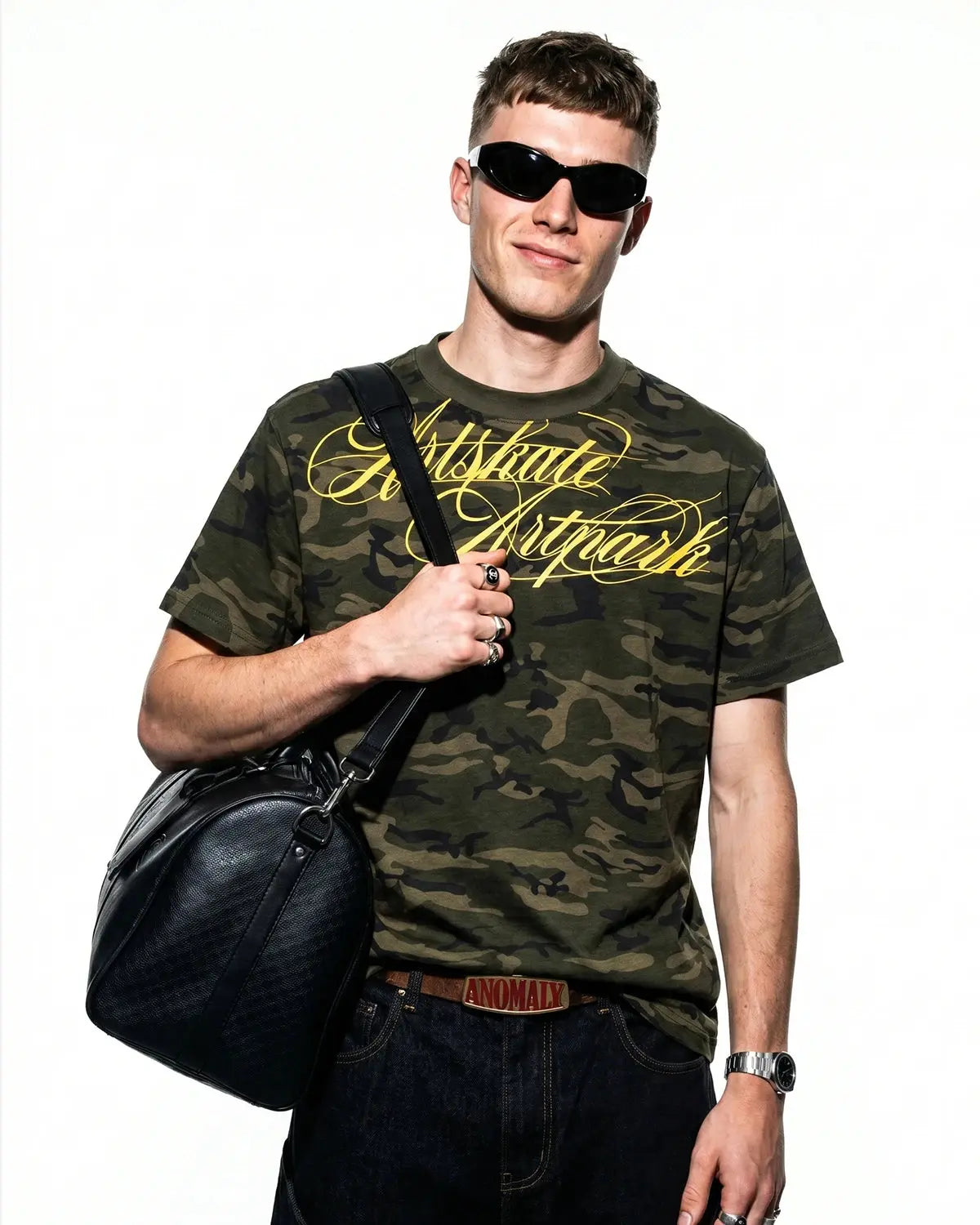 Inflation Streetwear camo script boxy T-shirt with bold graphic print and relaxed fit, shown on a mannequin.
