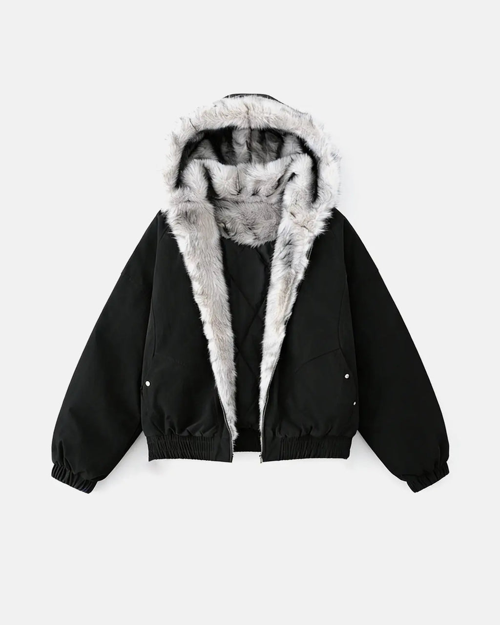 Inflation brand faux fur lined padded bomber jacket with quilted design and front zipper, perfect for streetwear style.