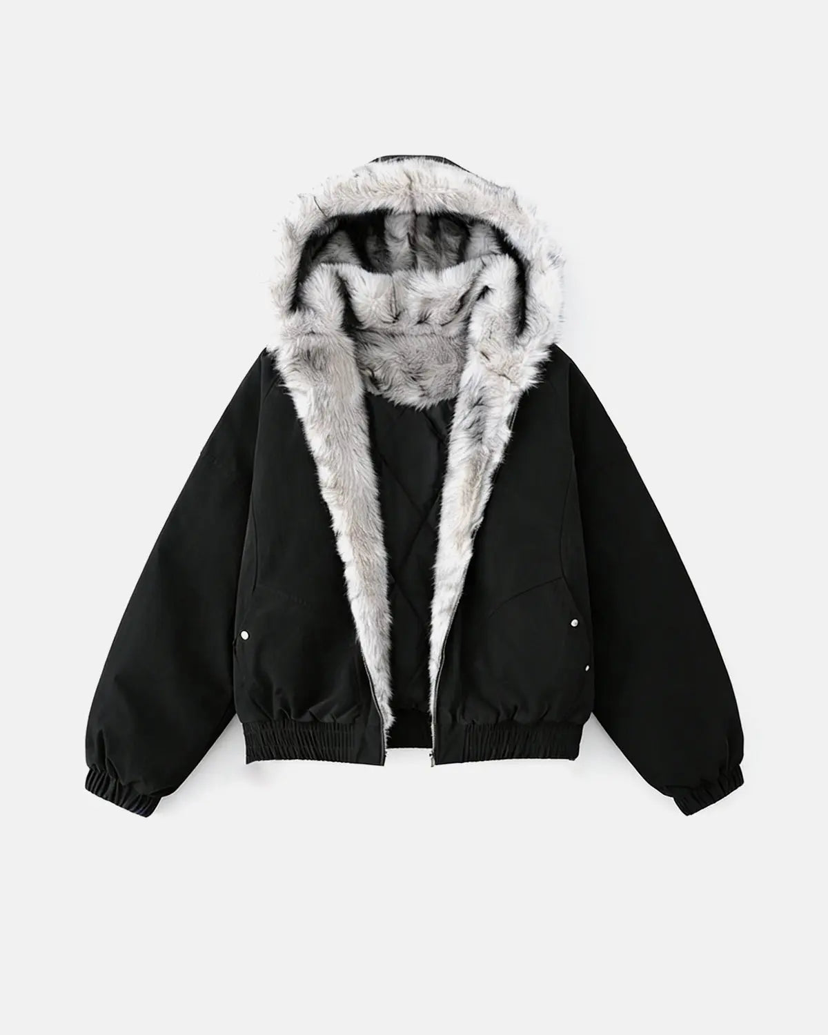 Inflation brand faux fur lined padded bomber jacket with quilted design and front zipper, perfect for streetwear style.