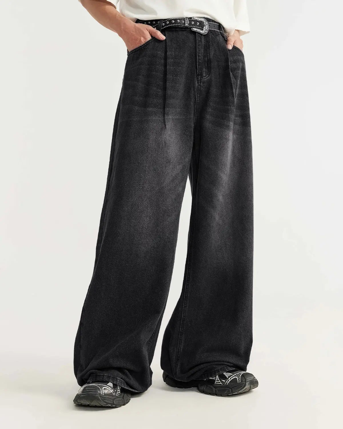 Inflation Chill wide-leg denim pants featuring a relaxed fit and stylish streetwear design, shown in a high-quality image.