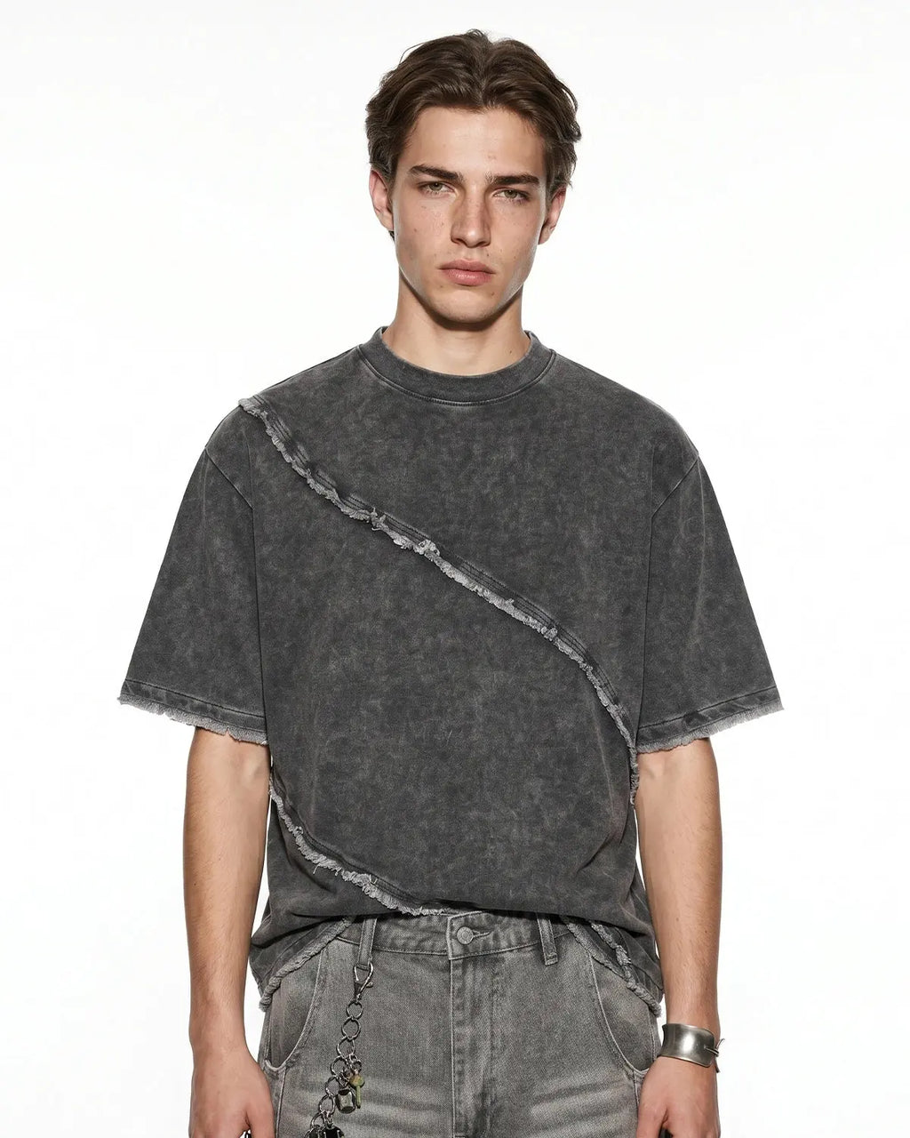 Raw edge deconstructed T-shirt by INFLATION, featuring distressed fabric and streetwear style in a casual, relaxed fit.