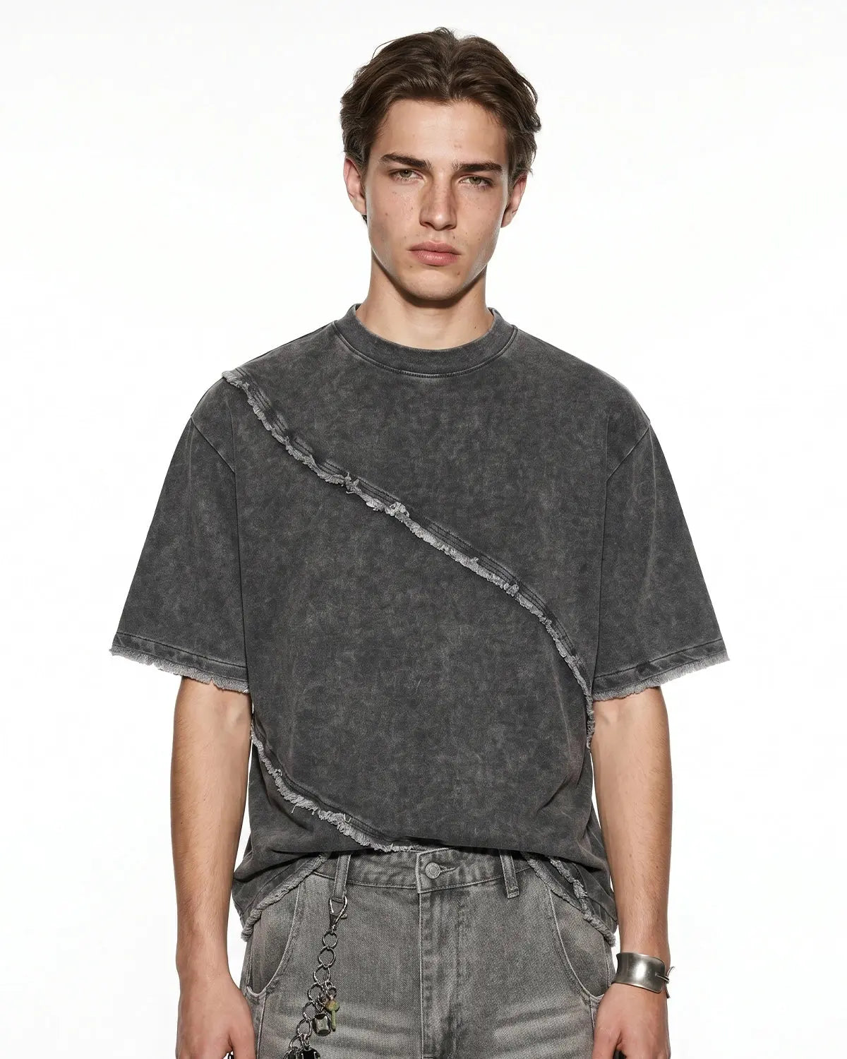 Raw edge deconstructed T-shirt by INFLATION, featuring distressed fabric and streetwear style in a casual, relaxed fit.