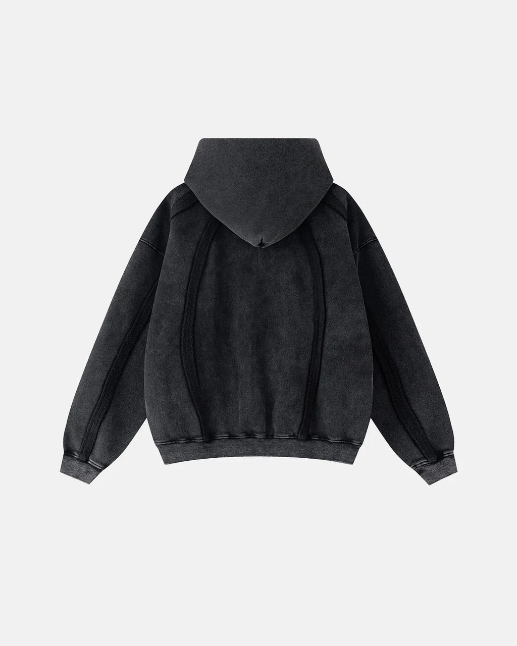 Inflation Streetwear snow washed raw edge boxy zip-up hoodie displayed on a hanger, showing its relaxed fit and distressed details.