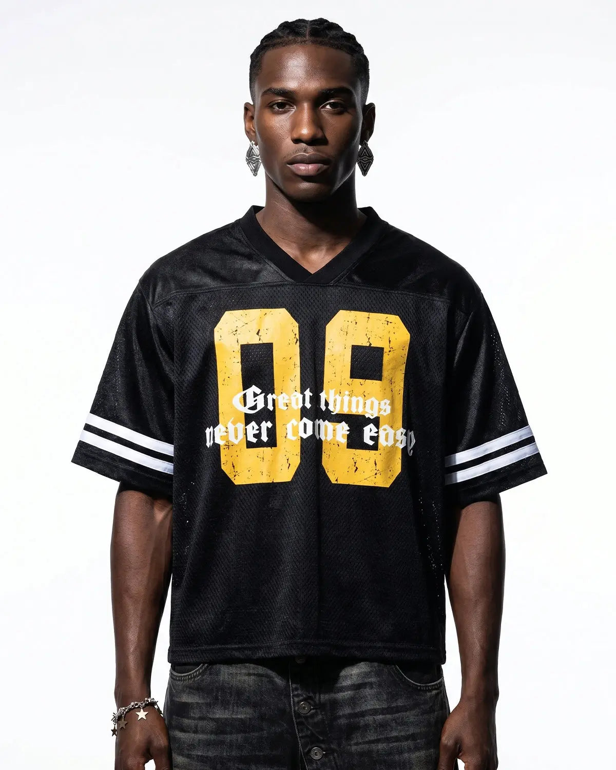 Satin patchwork mesh jersey by INFLATION Streetwear featuring shiny satin and breathable mesh fabric with stylish patchwork design.
