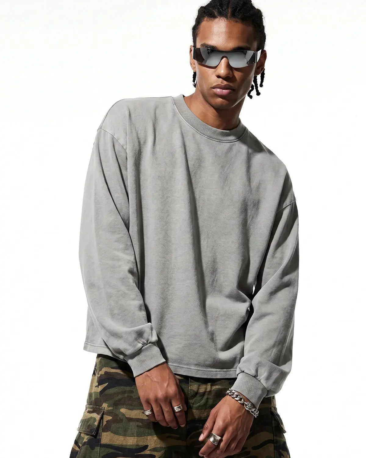 Distressed washed long sleeve T-shirt by Inflation Streetwear, featuring a faded, vintage-inspired design and relaxed fit.