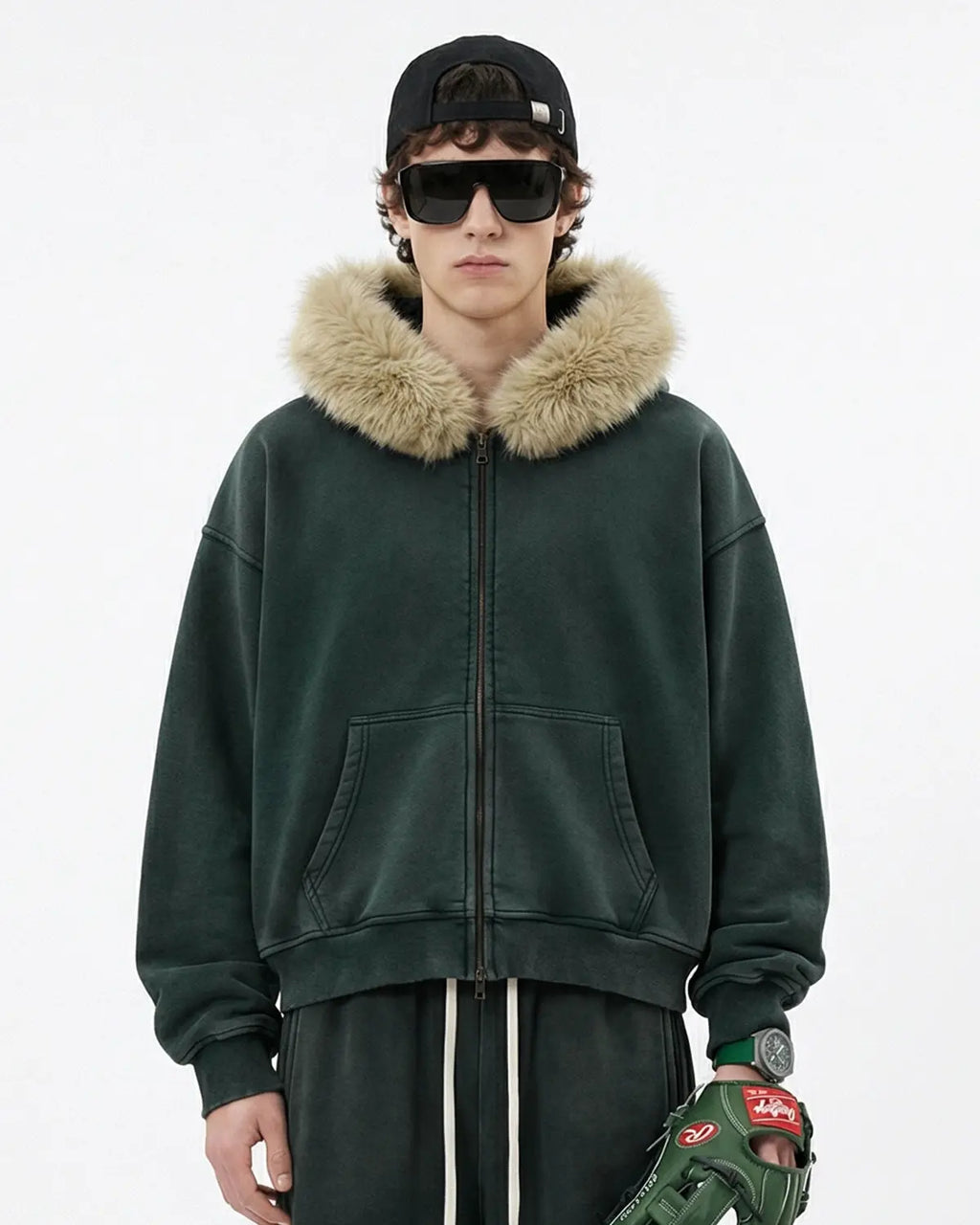 INFLATION faux fur collar distressed zip-up hoodie featuring a hood and casual streetwear style, displayed on a model.