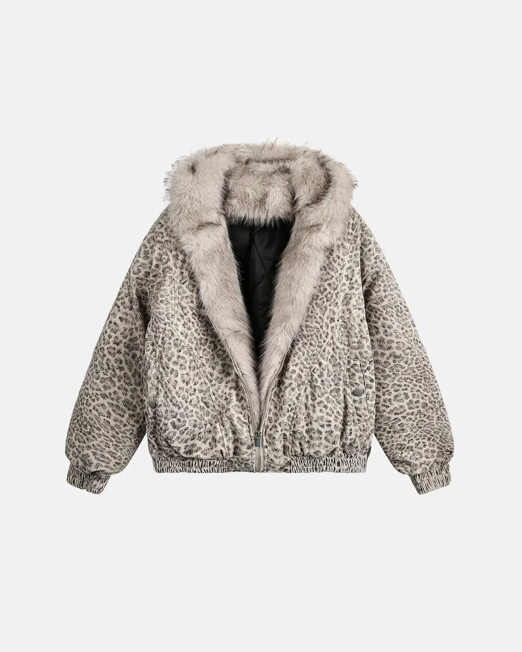 Inflation Leopard Faux Fur Lined Bomber Jacket showing the leopard print exterior and plush fur lining for warmth and style.