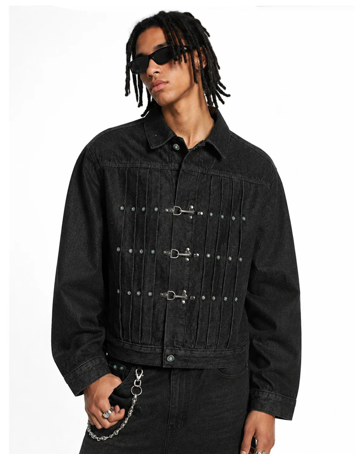 Raw Clasp Denim Jacket by INFLATION featuring distressed details and classic button closure, styled with casual streetwear vibe.