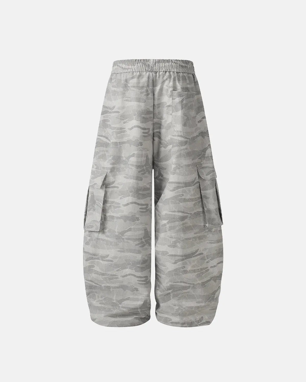 Camouflage cargo barrel pants from INFLATION with multiple pockets and relaxed fit, stylish streetwear look.