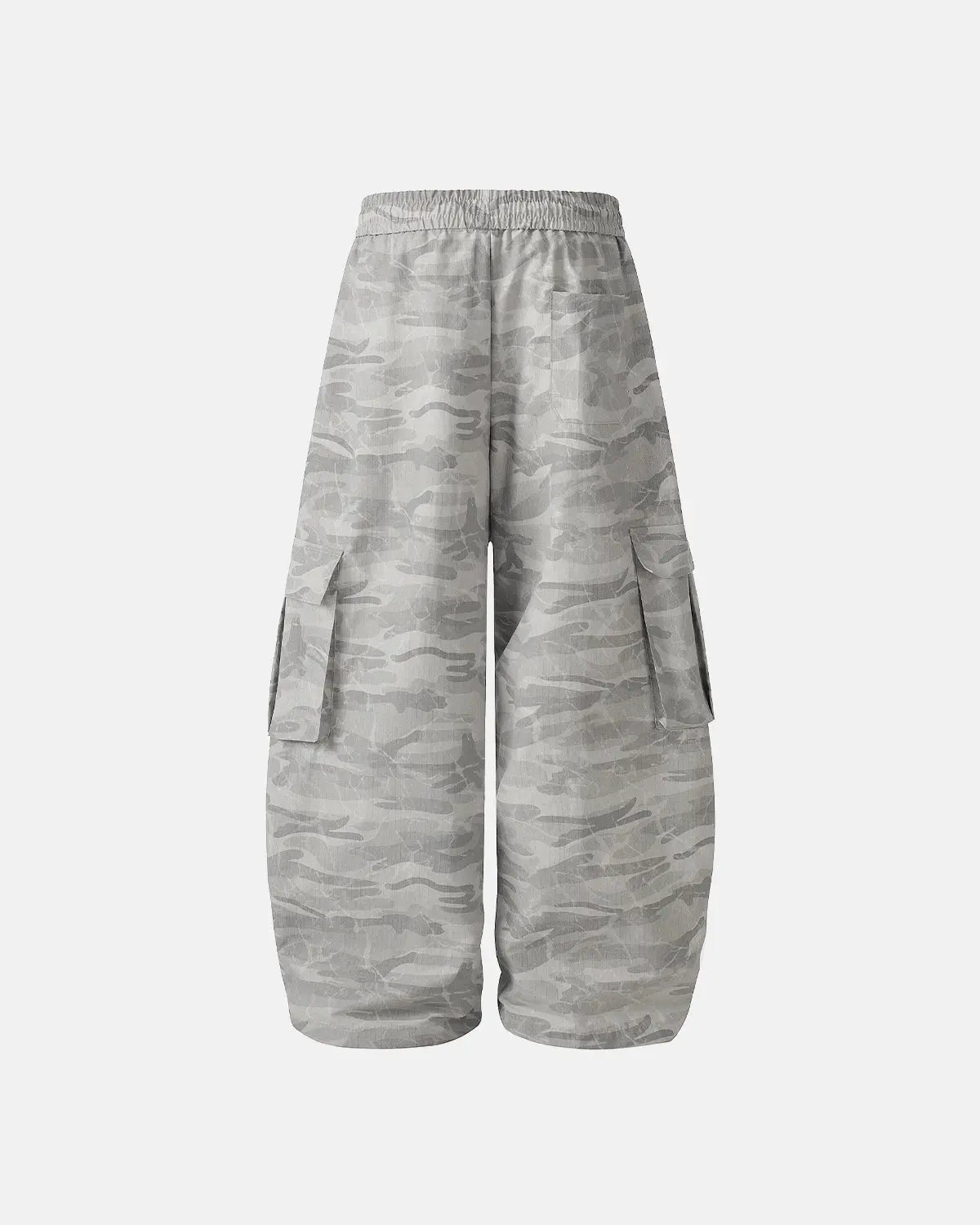 Camouflage cargo barrel pants from INFLATION with multiple pockets and relaxed fit, stylish streetwear look.
