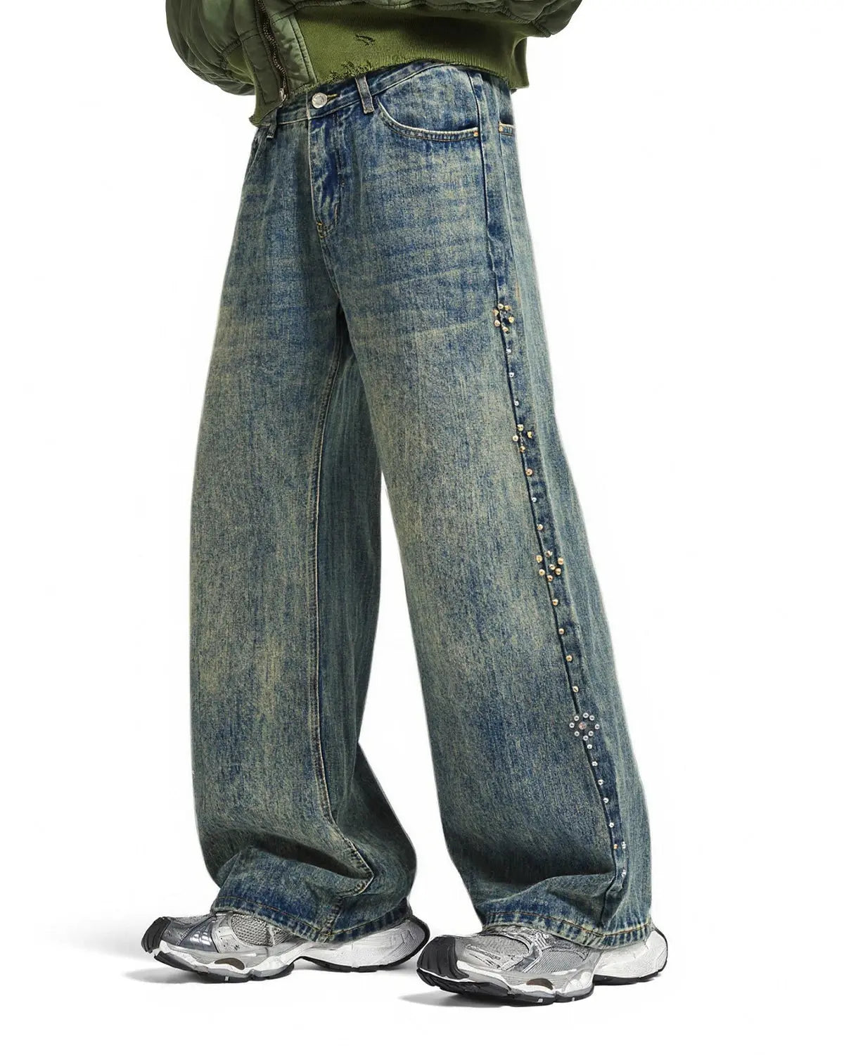 Inflation Acid Wash Beaded Studded Flared Baggy Jeans showing distressed denim with bead and stud embellishments, relaxed fit style.