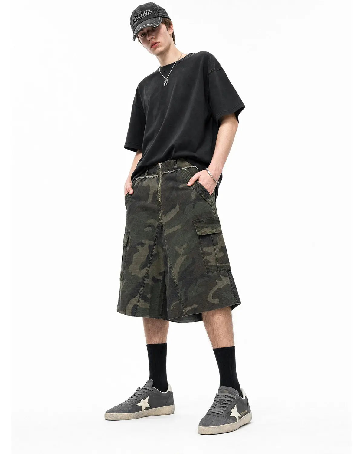 Camo utility longline shorts by INFLATION featuring a camouflage pattern and utility pockets for streetwear style.