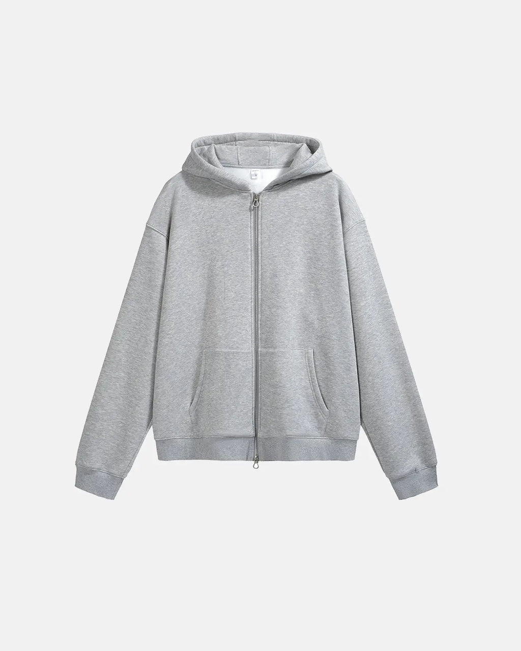 Inflation Streetwear fleece zip-up oversized hoodie with a relaxed fit, soft fabric, and front zipper, displayed on a hanger.