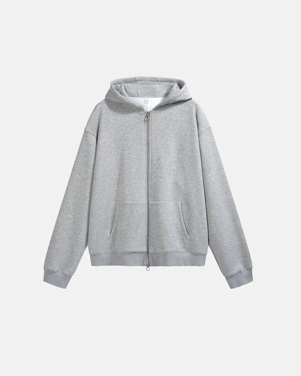 Inflation Streetwear fleece zip-up oversized hoodie with a relaxed fit, soft fabric, and front zipper, displayed on a hanger.