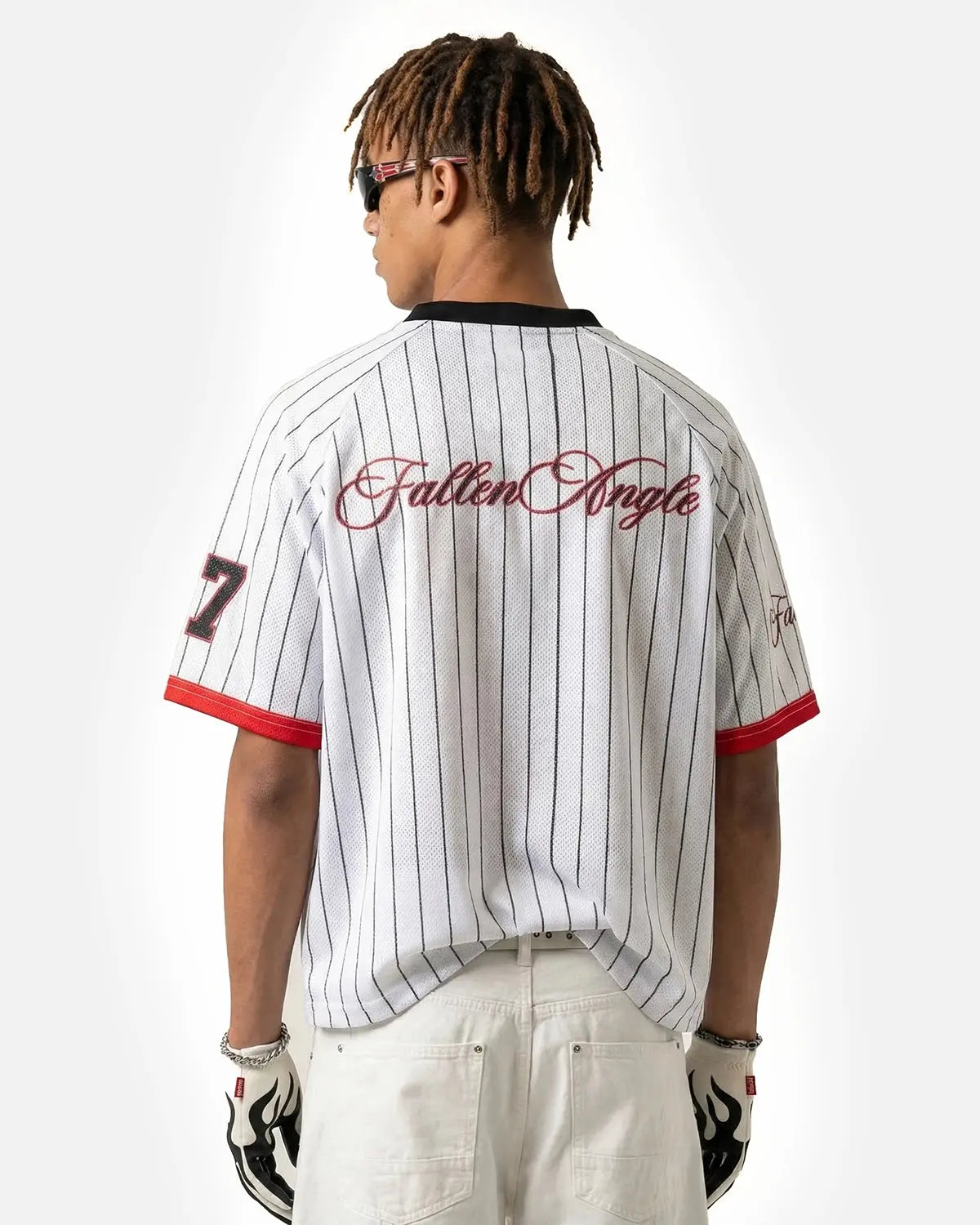 Inflation Streetwear pinstripe number mesh jersey with black and white stripes, lightweight athletic and casual sportswear.