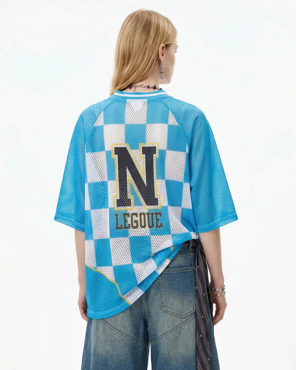 Inflation Streetwear varsity checkerboard mesh jersey with black and white pattern, casual streetwear style, lightweight and breathable fabric.