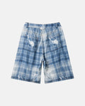 Inflation streetwear Tencel washed plaid print longline shorts, casual pants with a relaxed fit and distinctive plaid pattern.