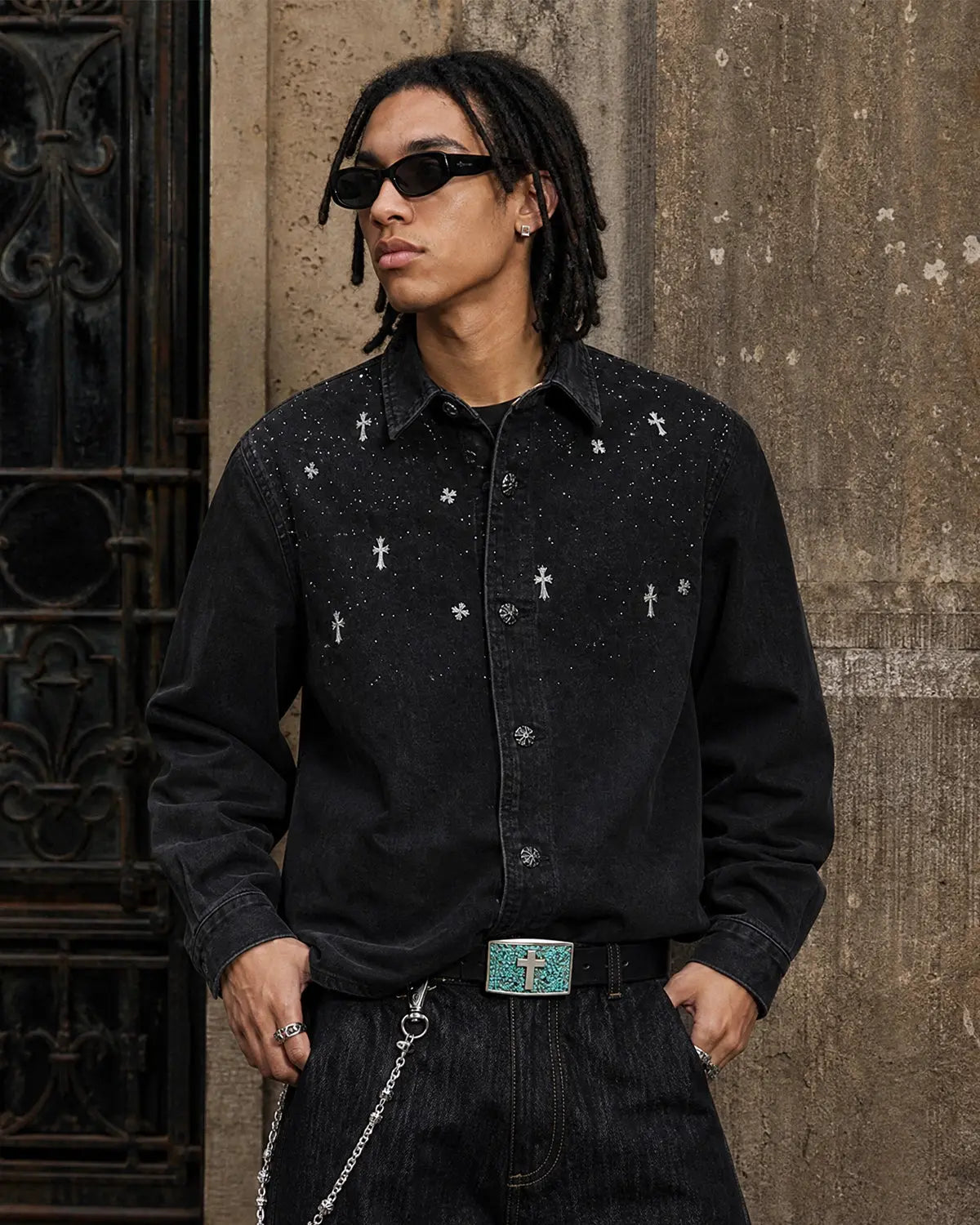 Inflation Starry Cross Rhinestone washed denim shirt t-shirt featuring a starry cross design, casual streetwear style.