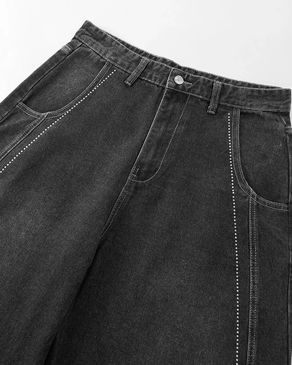 Inflation Streetwear Rhinestone Stitching Barrel Jeans, stylish pants with rhinestone details and unique stitching design.