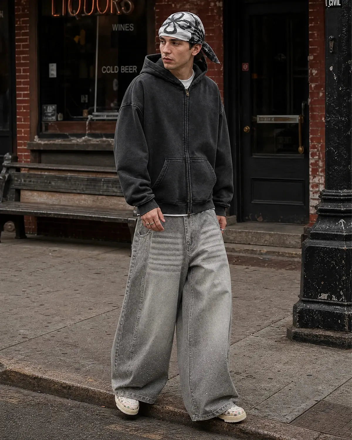 Vintage washed INFLATION zip-up hoodie with front pockets and adjustable drawstrings, casual and comfortable for everyday wear.