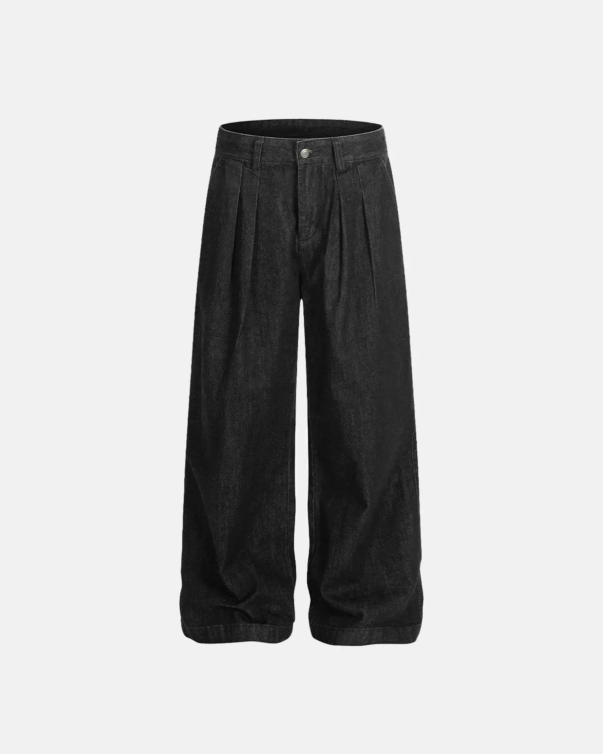 Inflation Streetwear pleated raw baggy jeans with distressed details, relaxed fit, and oversized style on a neutral background.