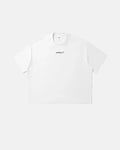 White Logo Boxy Tee from INFLATION Streetwear with a simple logo design on the front, displayed on a plain background.