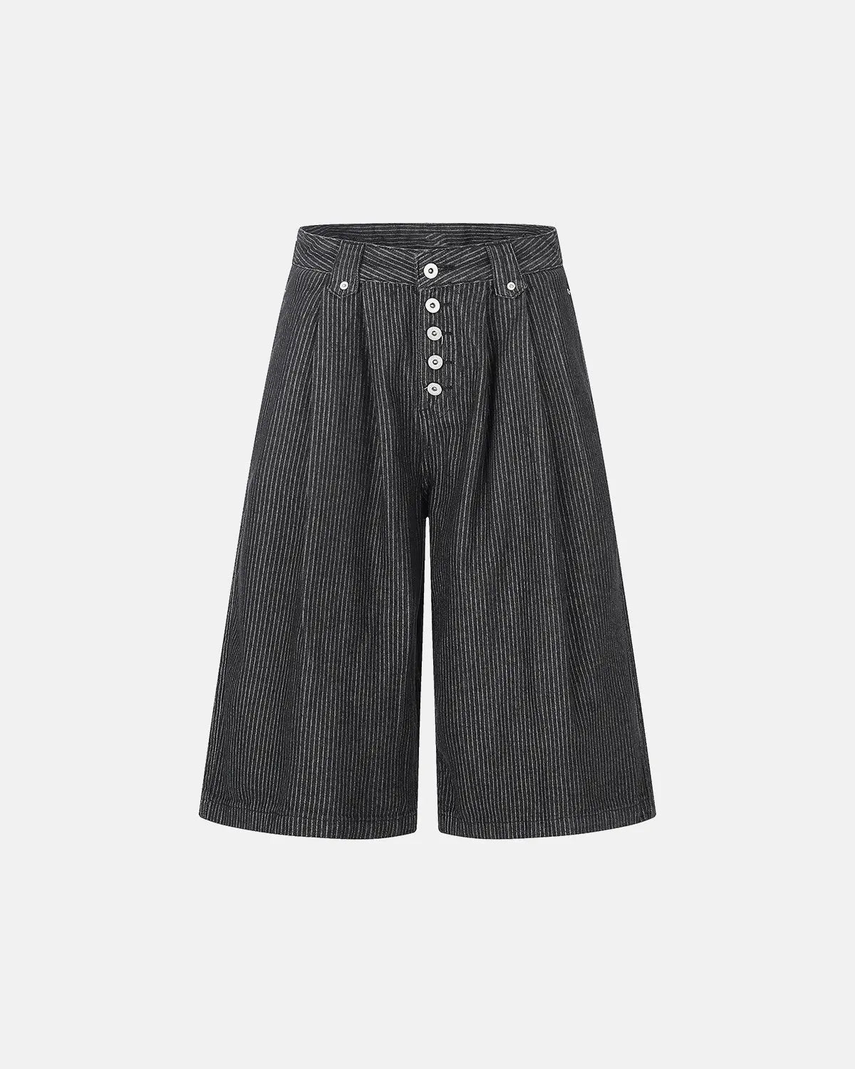 Inflation brand striped button fly baggy jorts pants with relaxed fit and bold striped pattern, casual streetwear style.