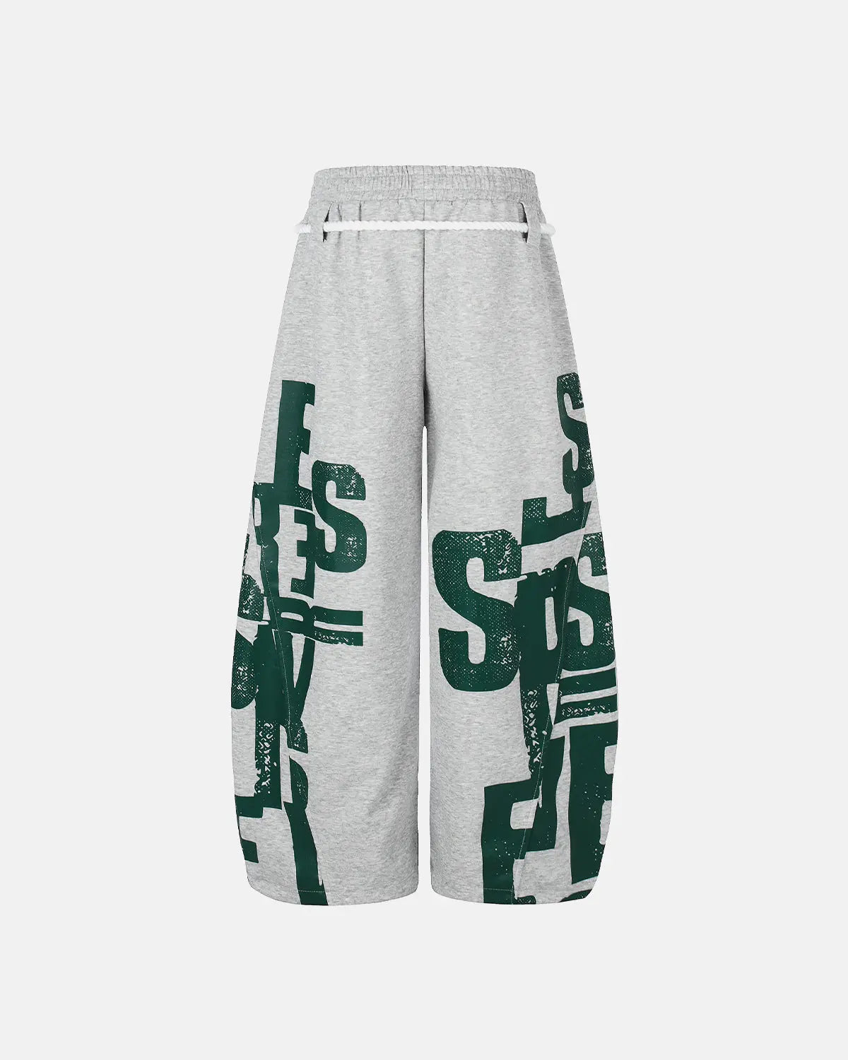 Graphic barrel sweatpants by INFLATION with bold streetwear design, shown in a close-up image highlighting the fabric and fit.