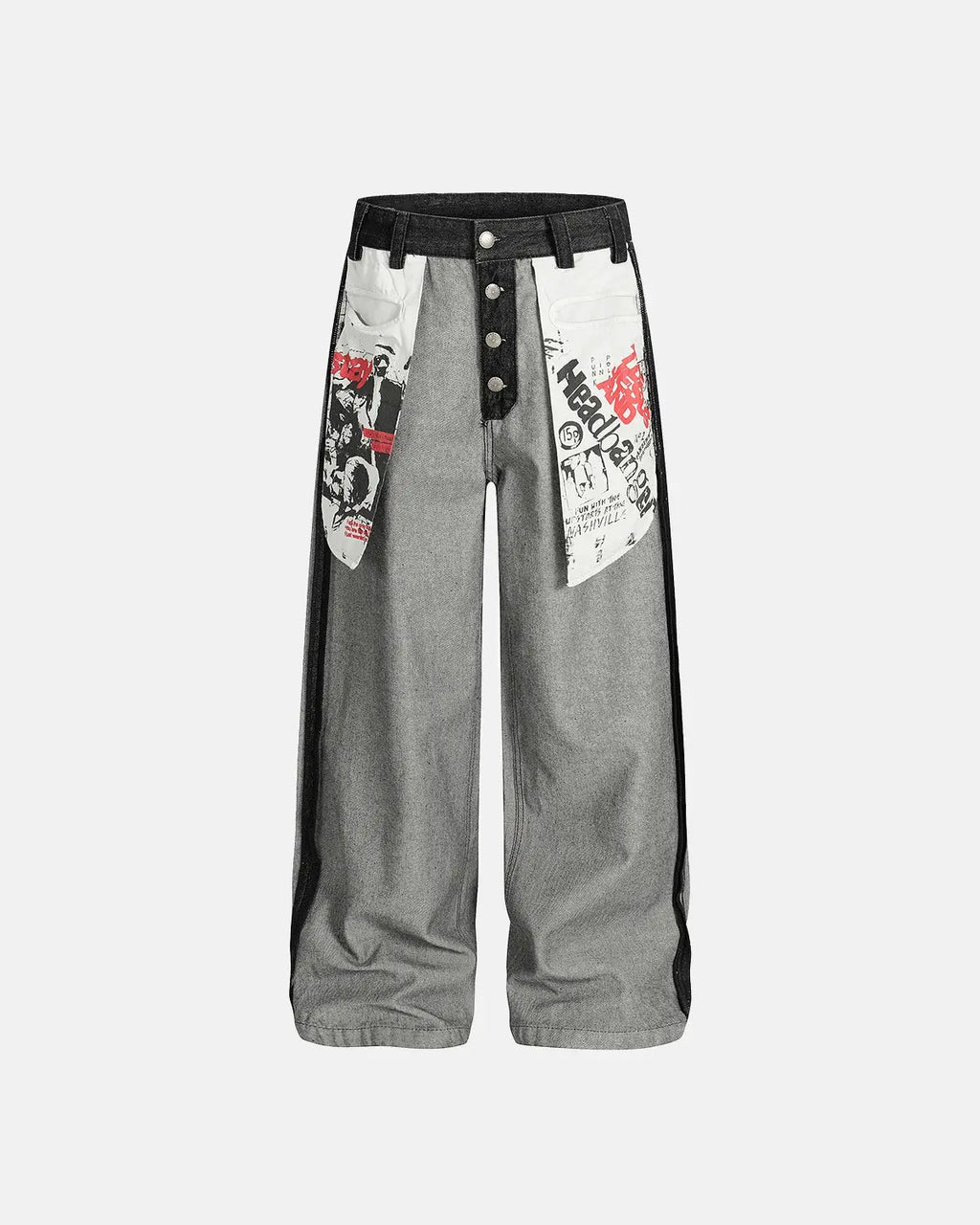 Distressed reverse design baggy jeans by INFLATION featuring a relaxed fit and distressed details for streetwear style.