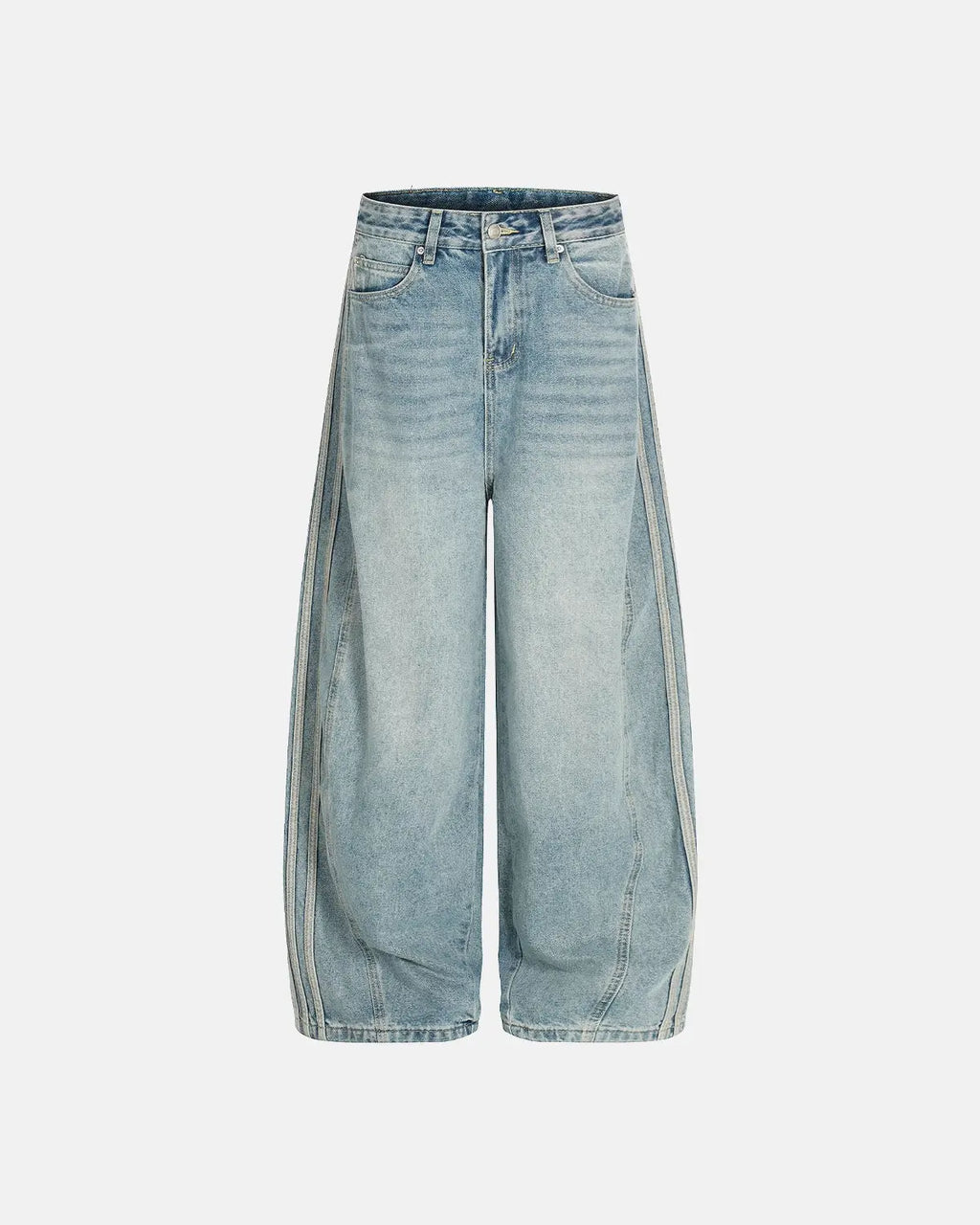 Acid wash striped side baggy jeans by INFLATION, featuring relaxed fit, distressed detailing, and contrasting stripe accents.