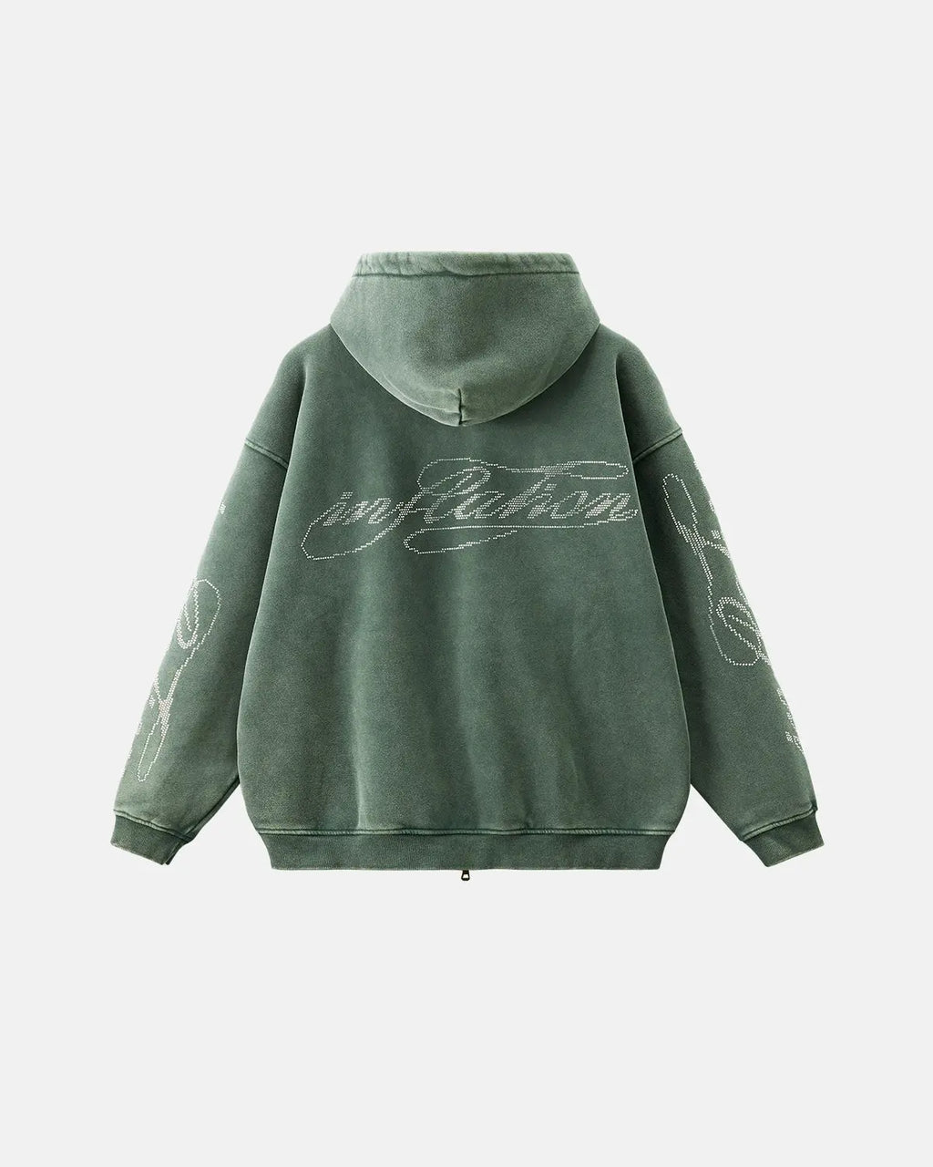 Inflation Streetwear rhinestone distressed washed zip-up hoodie with front pockets and embroidered details, casual streetwear style.