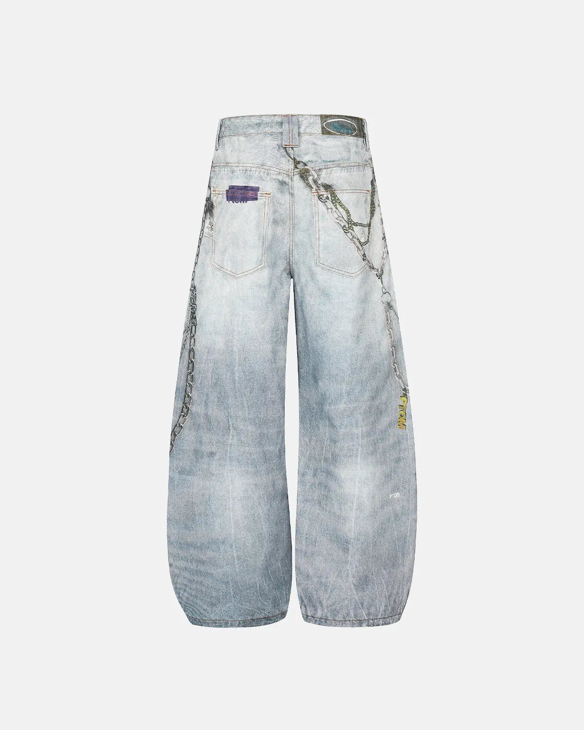 3D print chain barrel jeans by INFLATION featuring textured denim fabric and unique chain details for streetwear style