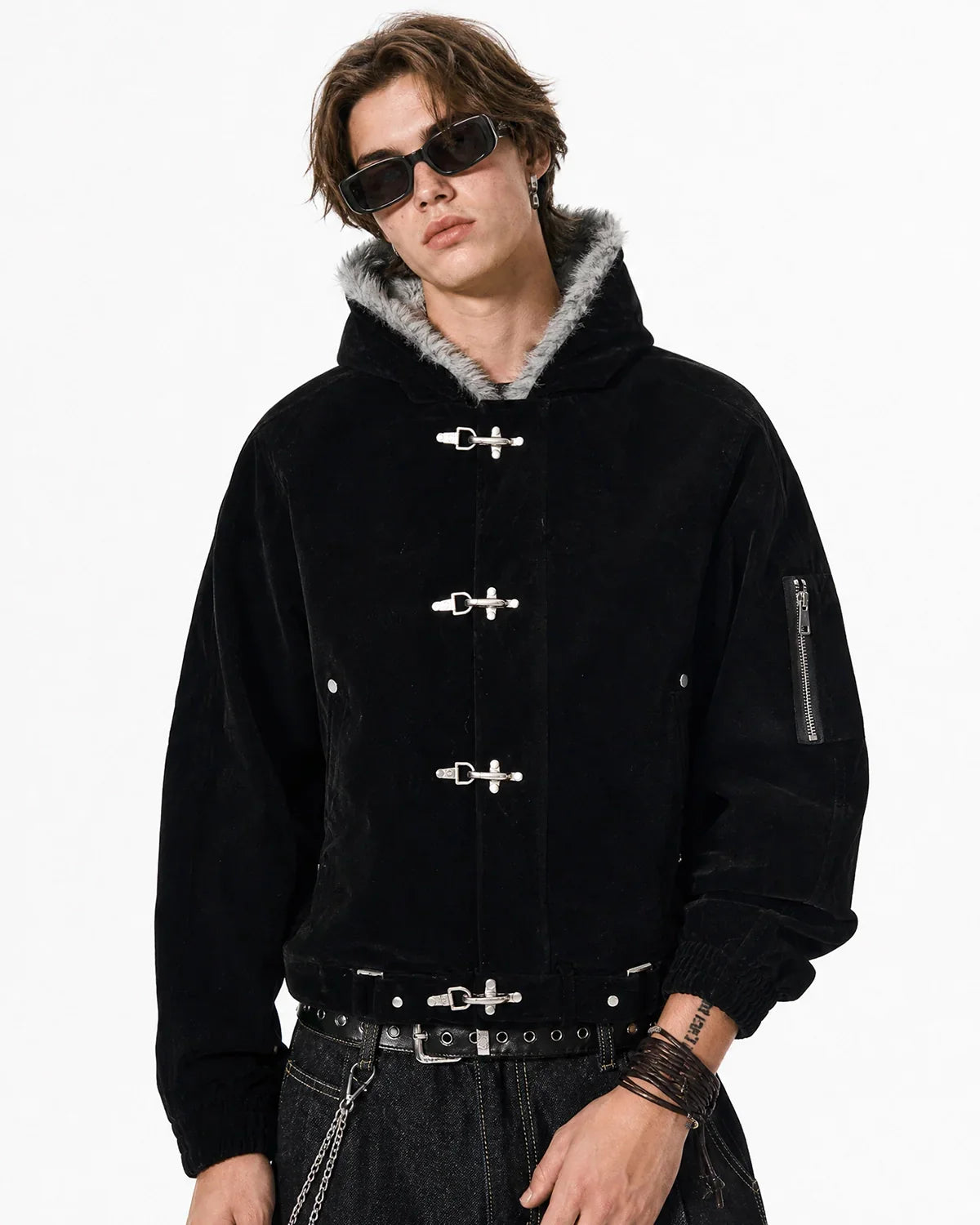 Inflation Streetwear faux fur lined clasp bomber jacket with ribbed cuffs and waistband, shown in a stylish black design.